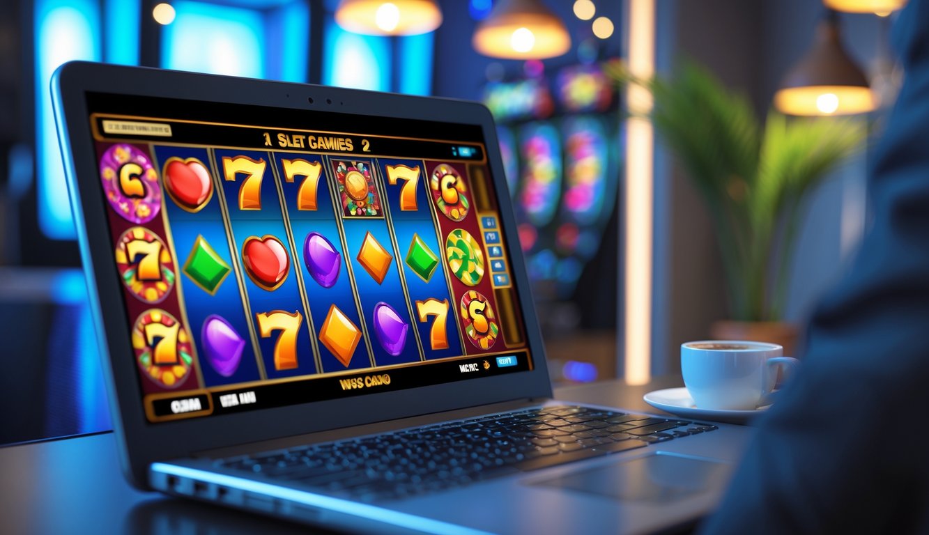 Seseorang menggunakan komputer dengan layar menampilkan permainan slot online berwarna-warni di meja kerja yang rapi.