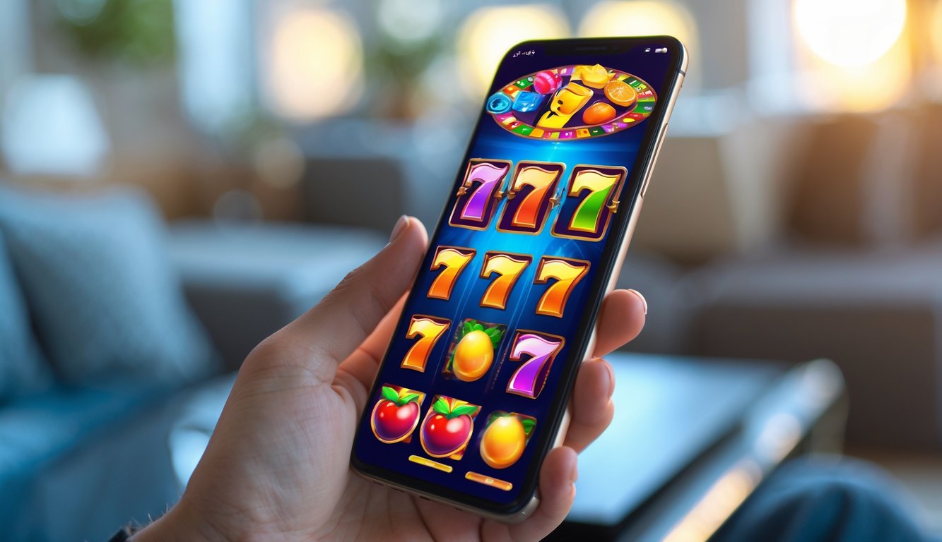 Seseorang memegang ponsel yang menampilkan permainan slot online di layar.