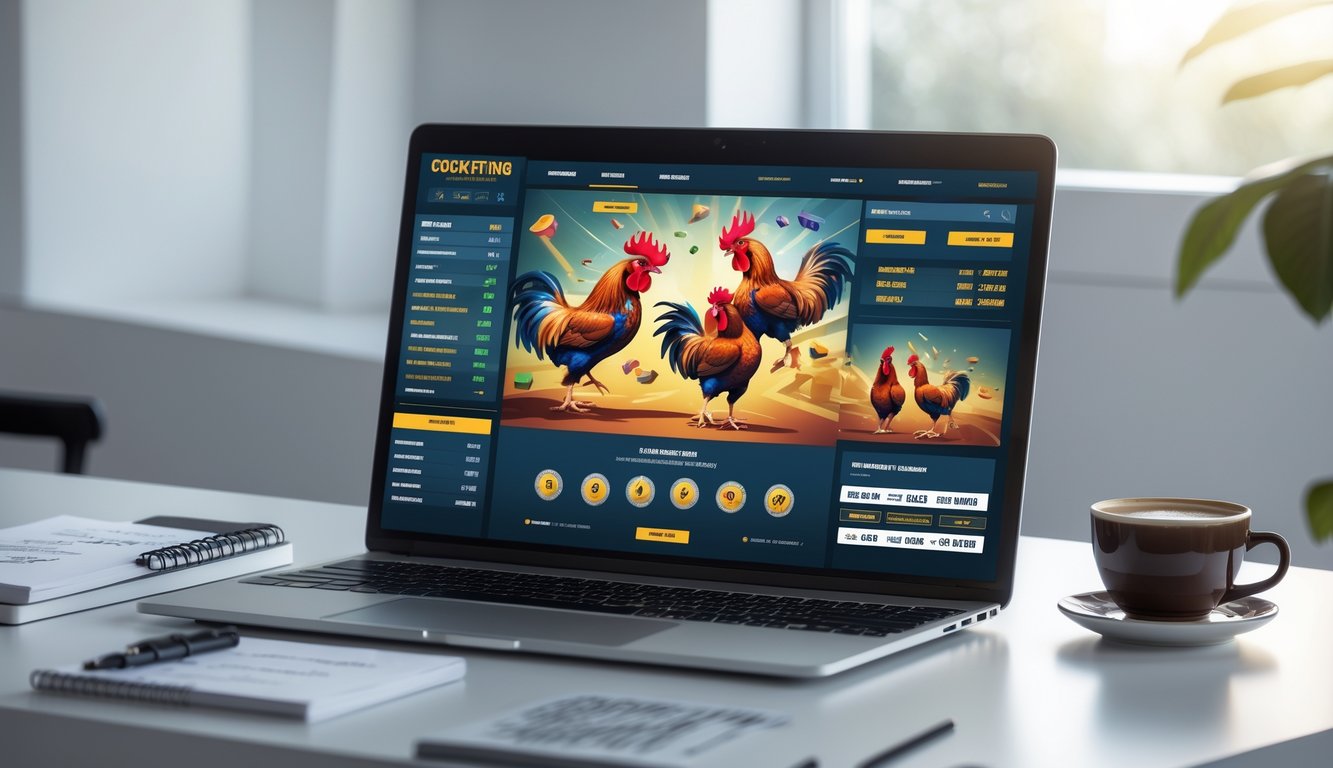 Sebuah laptop di meja kerja menampilkan situs taruhan sabung ayam online dengan grafik ayam jago dan opsi taruhan, dikelilingi oleh ponsel, buku catatan, dan cangkir kopi.
