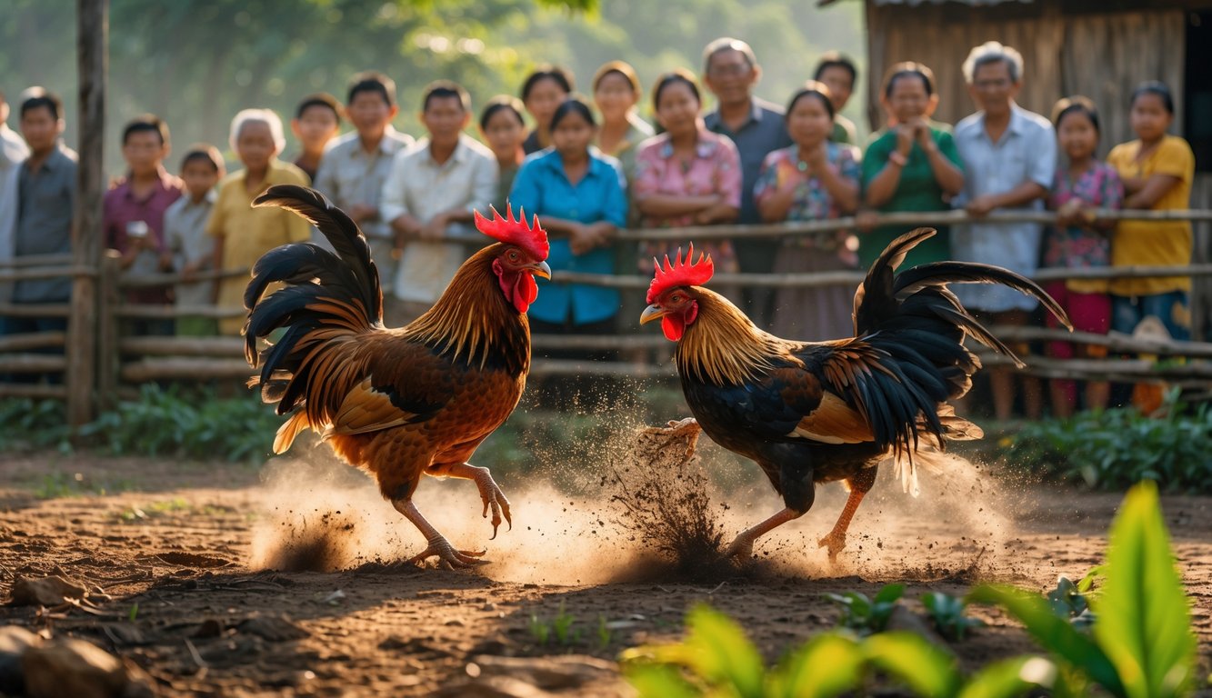 Dua ayam jago sedang bertarung di tengah kerumunan orang yang memperhatikan dengan antusias di lingkungan pedesaan.