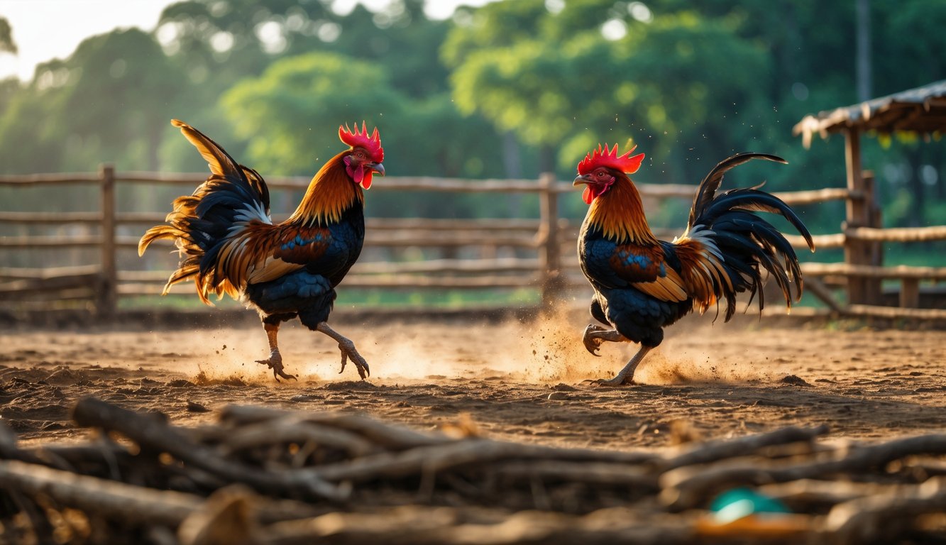 Dua ayam jago sedang bertarung di arena luar ruangan dengan latar belakang pepohonan hijau.