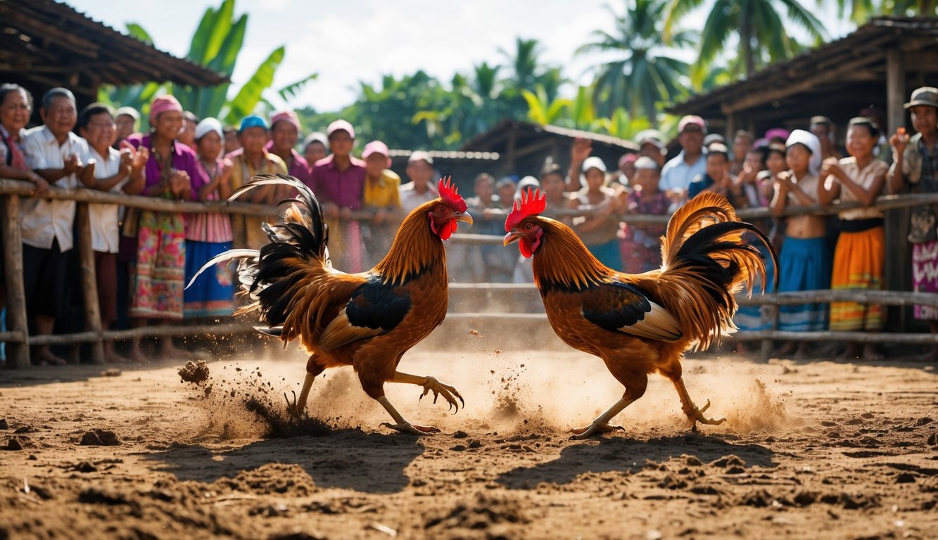 Dua ayam jantan sedang bertarung di arena terbuka dengan penonton mengenakan pakaian tradisional Indonesia di sekelilingnya.