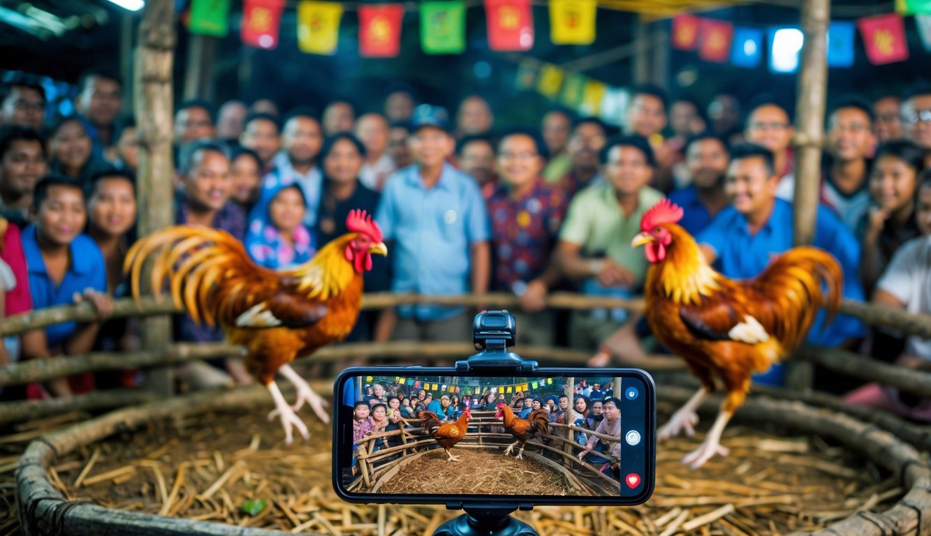 Dua ayam jago sedang bertarung dalam kandang kayu dengan penonton di sekitarnya dan kamera yang merekam acara secara langsung.