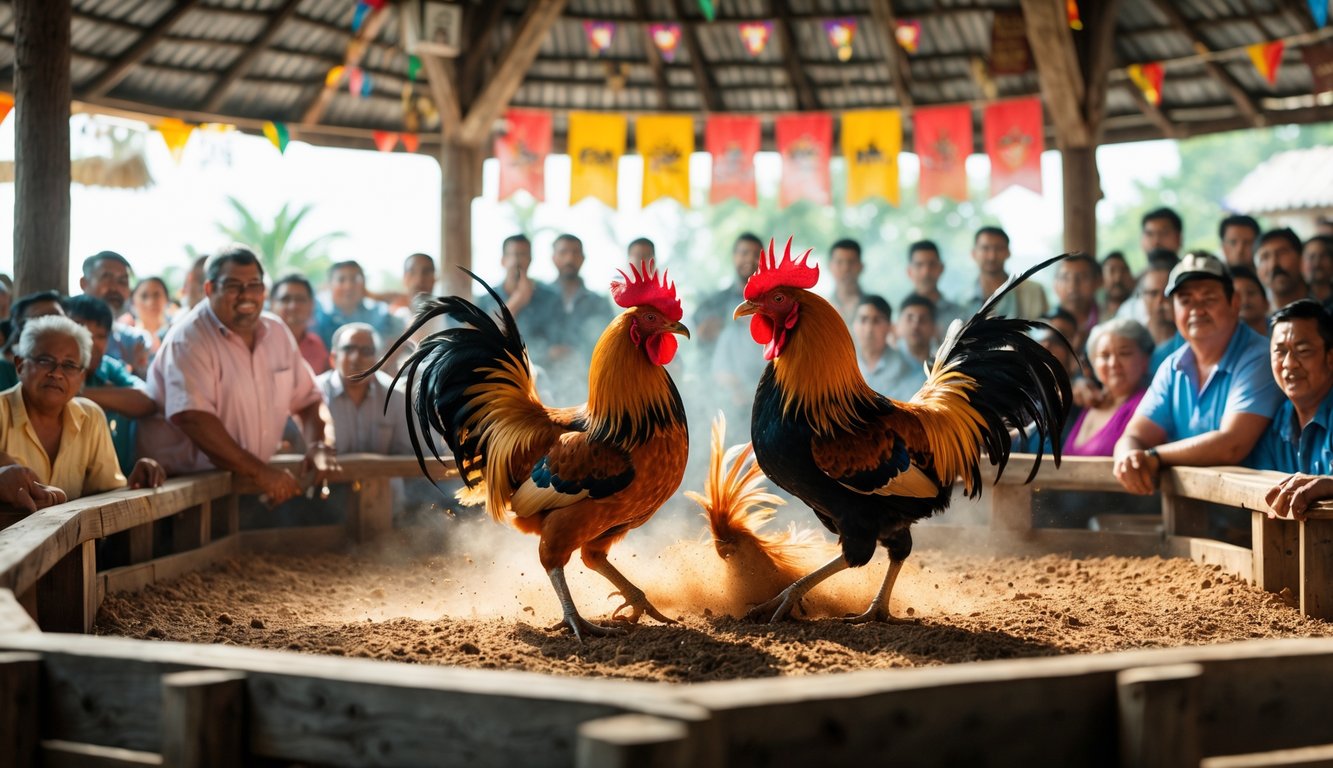 Arena sabung ayam dengan dua ayam jantan bertarung di tengah kerumunan penonton yang antusias.