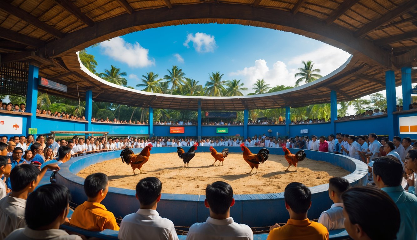 Suasana arena sabung ayam tradisional dengan ayam jago bertarung dan penonton antusias di latar belakang.