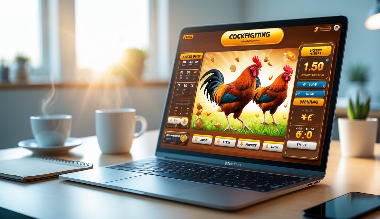 Seseorang menggunakan laptop dengan tampilan platform taruhan sabung ayam online di meja kerja yang rapi.