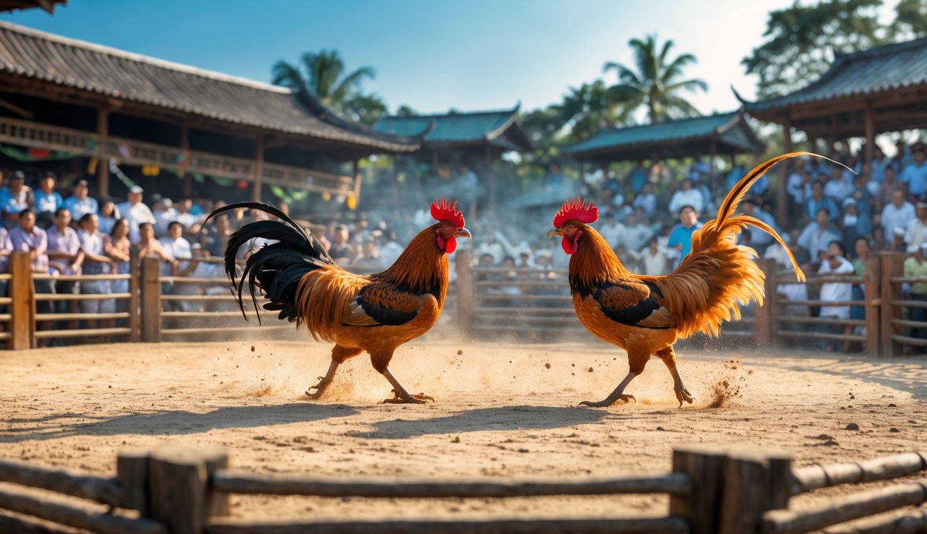 Arena sabung ayam tradisional dengan dua ayam bertarung dan penonton yang memperhatikan.