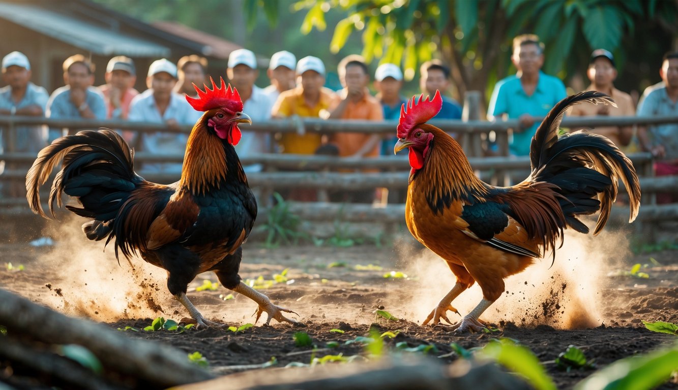 Dua ayam jago sedang bertarung di depan penonton dalam acara sabung ayam tradisional di pedesaan.