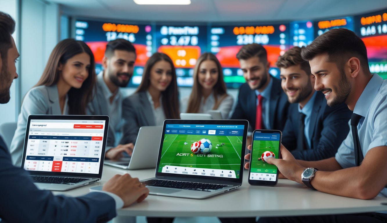 Sekelompok orang muda menggunakan laptop dan ponsel untuk memasang taruhan bola di kantor modern dengan layar besar menampilkan skor pertandingan sepak bola.