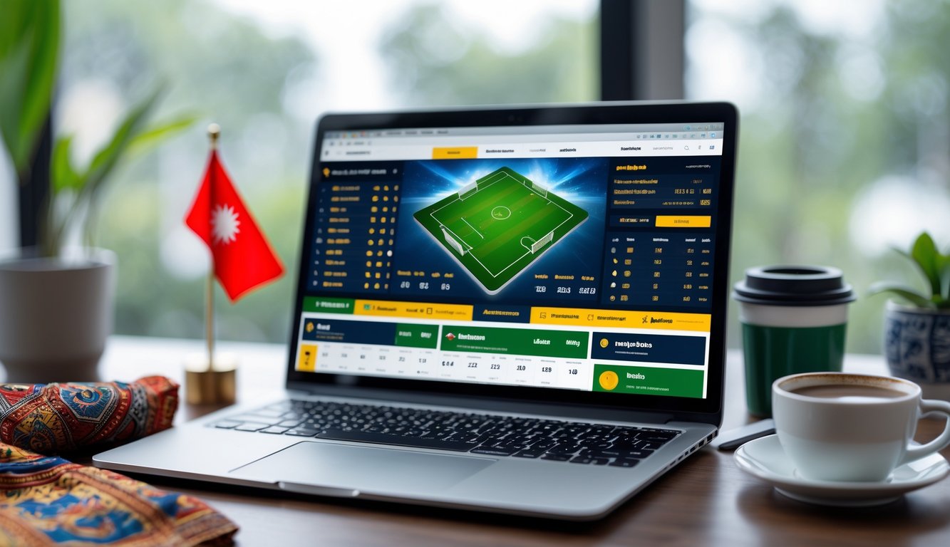 Seorang pria menggunakan laptop di meja dengan tampilan situs taruhan sepak bola online, dikelilingi oleh bendera Indonesia dan kain batik.