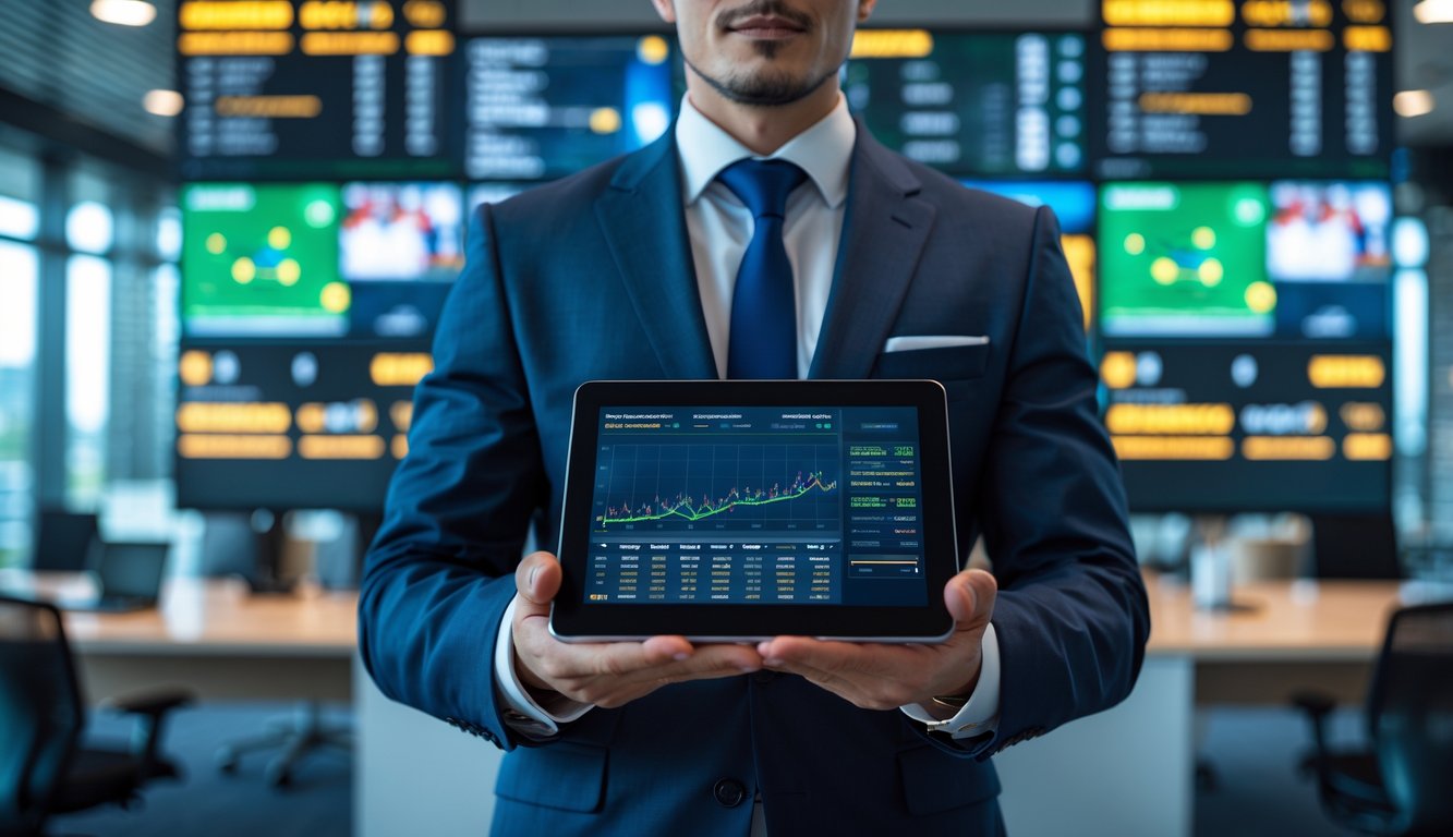 Seorang profesional berdiri di kantor modern dengan tablet yang menampilkan grafik dan statistik taruhan olahraga, layar besar menampilkan acara olahraga langsung di latar belakang.