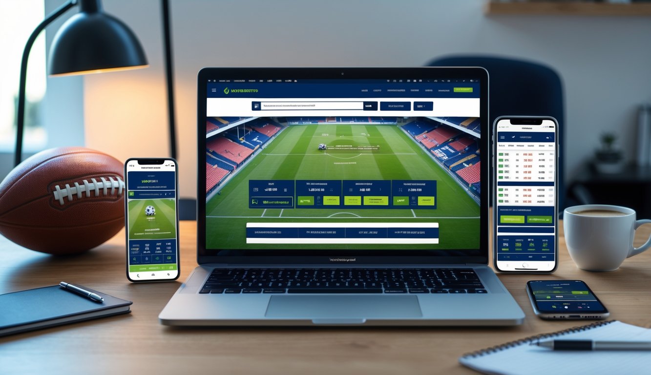 Seorang pria menggunakan laptop dan perangkat digital lain untuk memasang taruhan sepak bola secara online di sebuah meja kerja.
