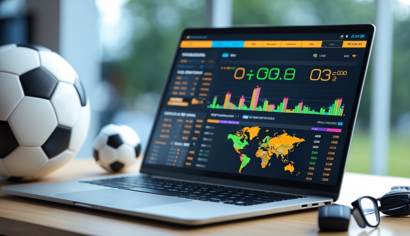 Sebuah laptop di atas meja kayu dengan tampilan data taruhan sepak bola dan bola sepak di sampingnya.