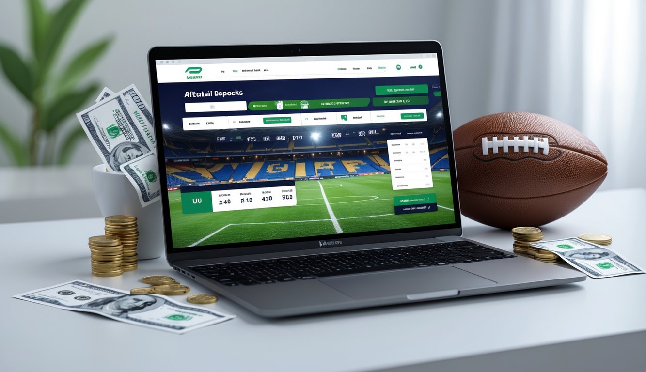 Seorang pria menggunakan laptop dengan tampilan situs taruhan bola online dan bola sepak di meja.