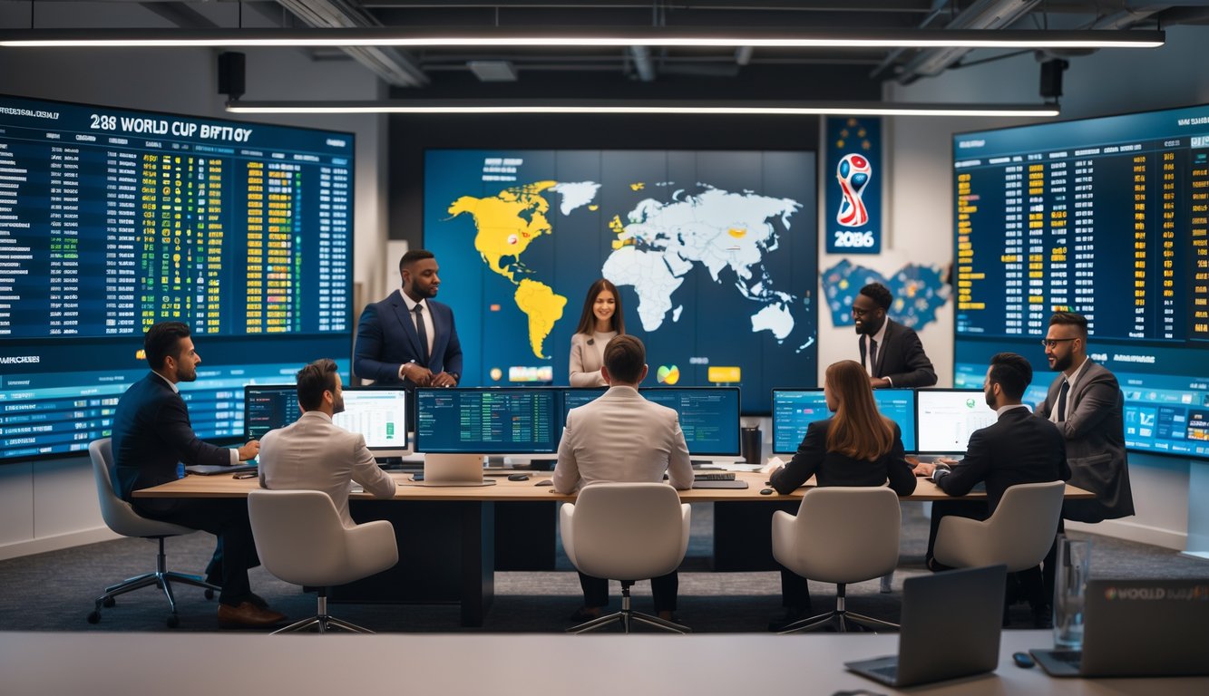 Sekelompok profesional sedang berdiskusi di kantor modern dengan layar besar yang menampilkan statistik dan peluang taruhan sepak bola Piala Dunia 2026.