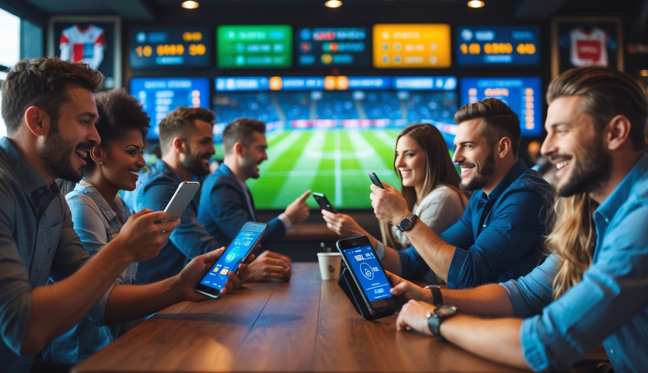 Orang-orang menonton pertandingan sepak bola langsung di bar olahraga sambil menggunakan ponsel untuk memasang taruhan.