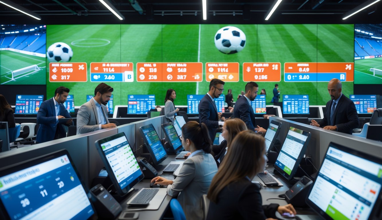 Orang-orang di kantor taruhan olahraga yang sibuk dengan layar besar menampilkan statistik pertandingan sepak bola secara real-time.