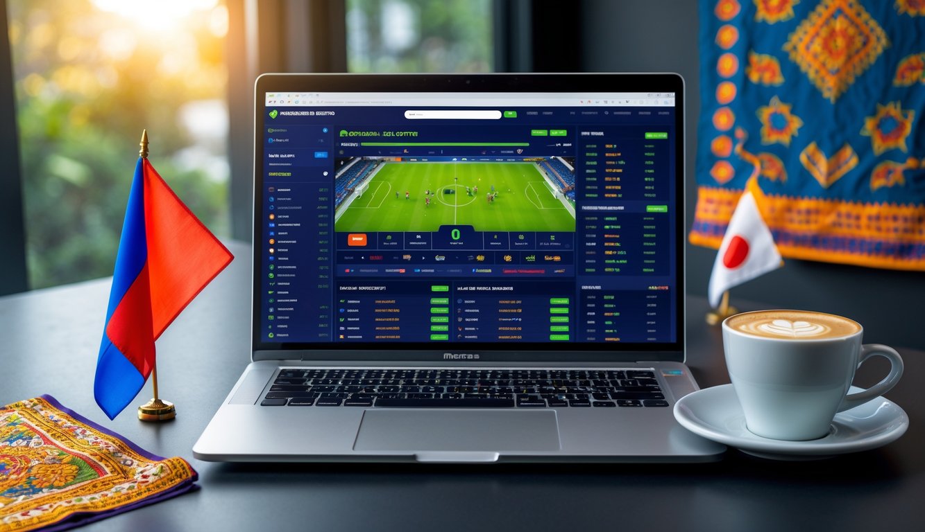 Suasana kerja modern dengan laptop yang menampilkan antarmuka taruhan olahraga sepak bola, dikelilingi oleh elemen budaya Indonesia seperti bendera kecil dan pola batik.