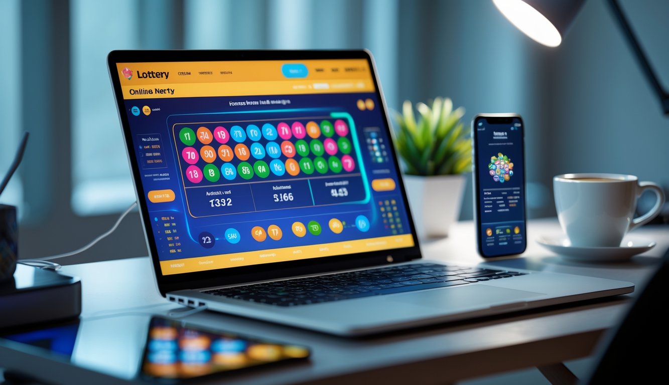 Meja kerja modern dengan laptop dan ponsel yang menampilkan aplikasi togel online, disertai cangkir kopi dan pencahayaan lembut.