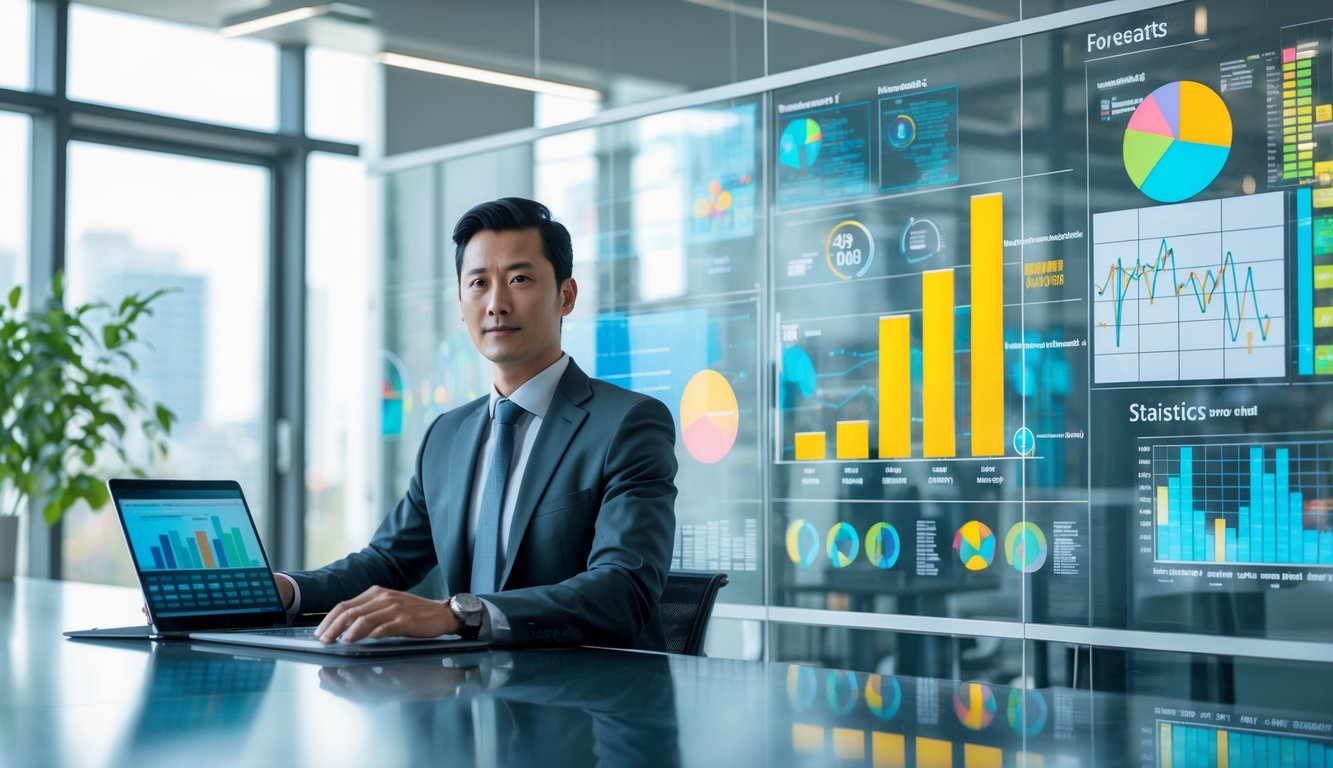 Seorang profesional di kantor modern sedang menganalisis data pada laptop dan tablet dengan grafik dan diagram di layar besar di belakangnya.