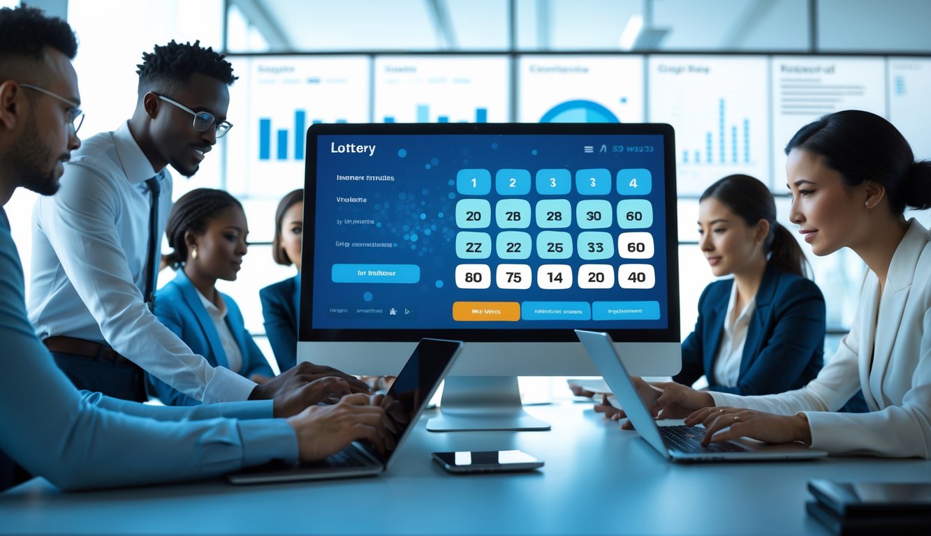 Orang-orang bekerja bersama di kantor modern dengan layar komputer menampilkan antarmuka angka digital dan grafik.