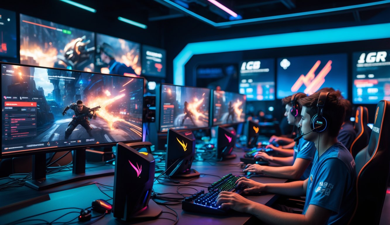 Sekelompok orang muda sedang bermain game kompetitif di ruang e-sports dengan komputer dan layar besar.