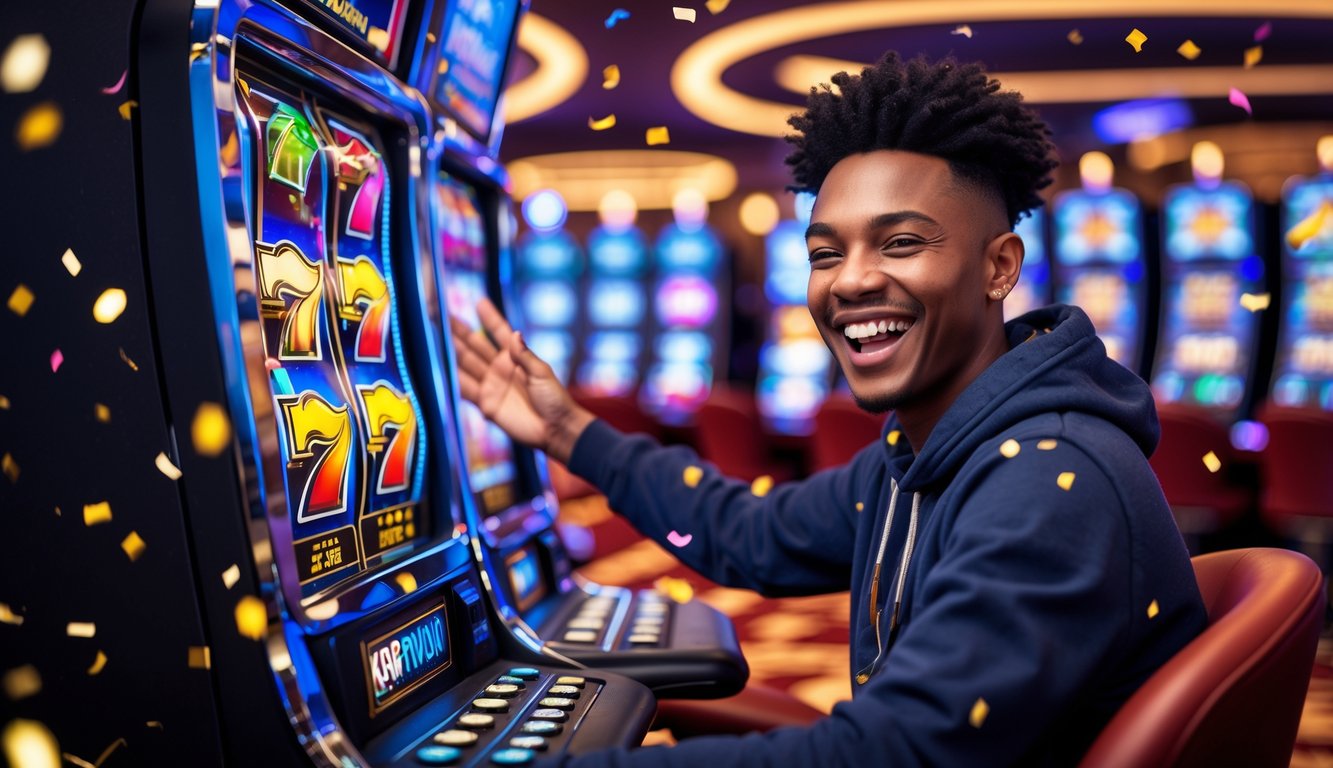 Seorang pemain baru yang gembira duduk di depan mesin slot di kasino dengan lampu berwarna-warni dan suasana meriah.