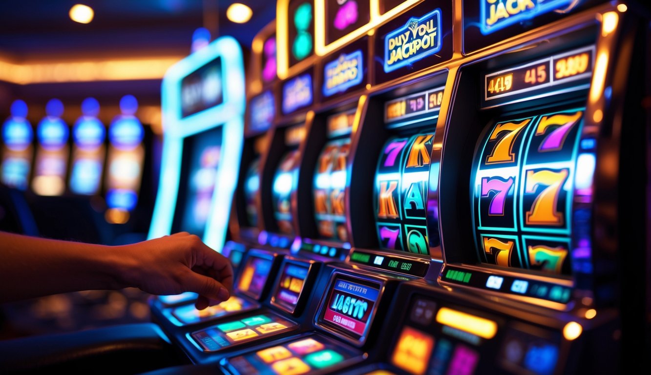 Mesin slot yang menyala dengan gulungan berwarna-warni sedang berputar di dalam kasino.