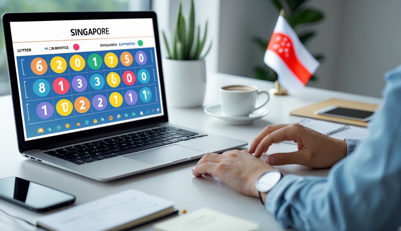 Seseorang menggunakan laptop di meja kerja dengan tampilan antarmuka lotere digital dan bendera Singapura di latar belakang.