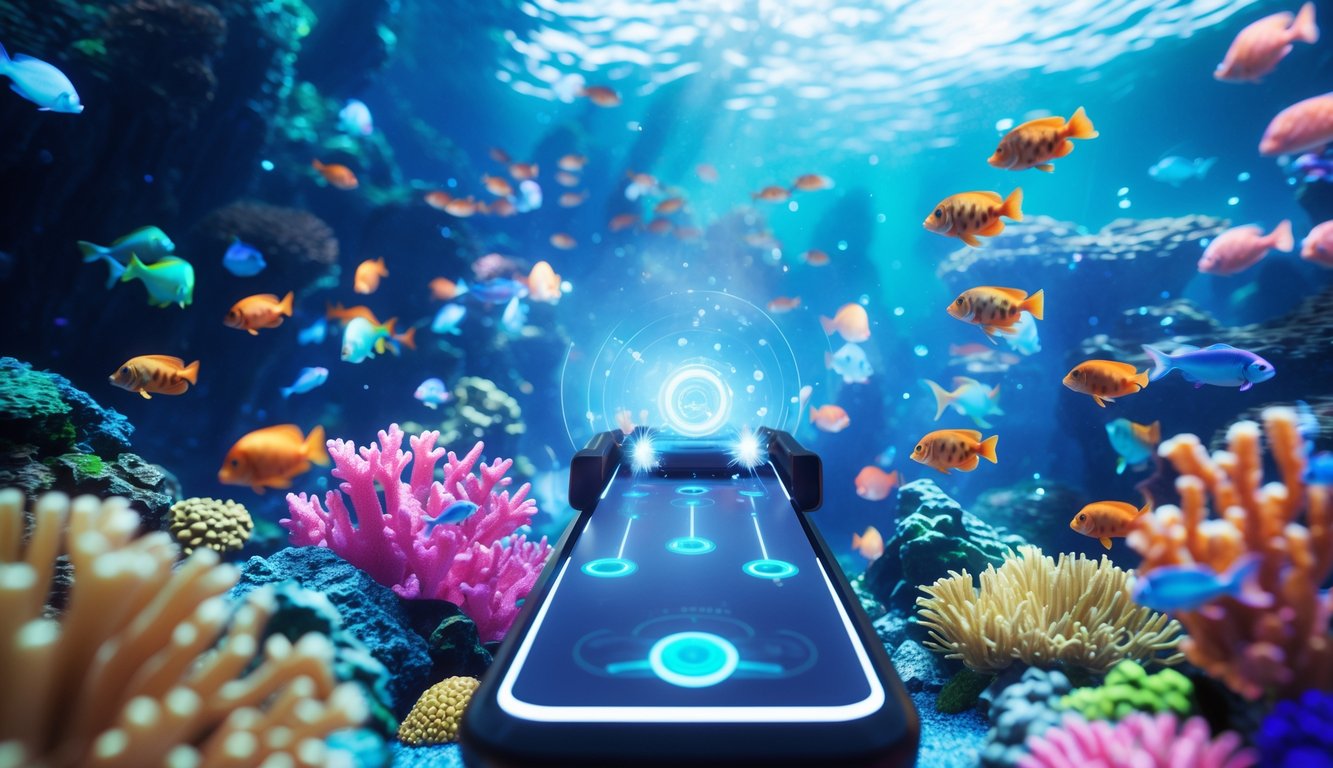 Layar permainan digital dengan ikan berwarna-warni di bawah laut dan pemain menembak target ikan.