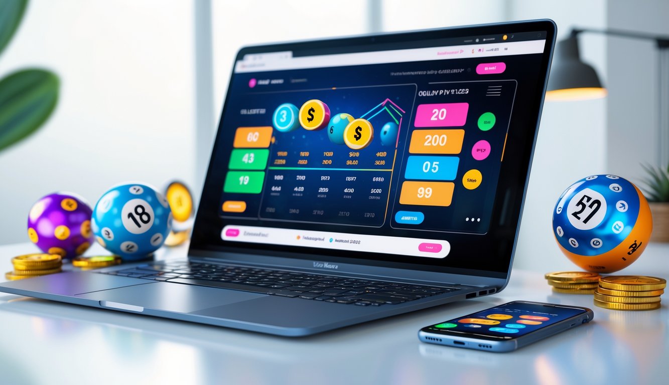 Sebuah meja kerja modern dengan laptop yang menampilkan situs togel online dan beberapa bola togel serta koin digital di sekitarnya.