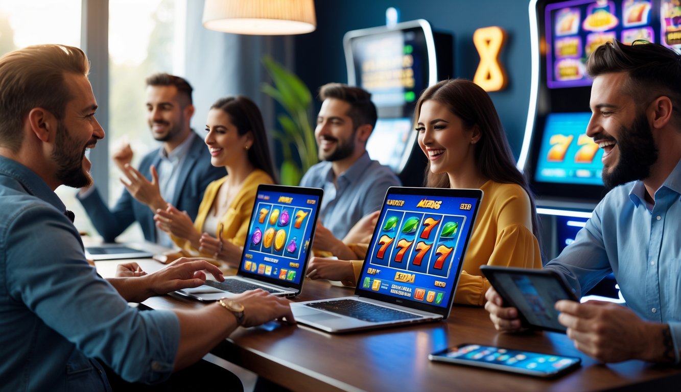 Sekelompok orang bermain permainan slot online dengan perangkat digital di ruangan yang nyaman dan cerah.