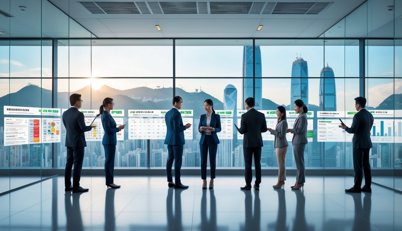 Sekelompok profesional sedang menganalisis data di kantor modern dengan latar belakang pemandangan kota Hong Kong.