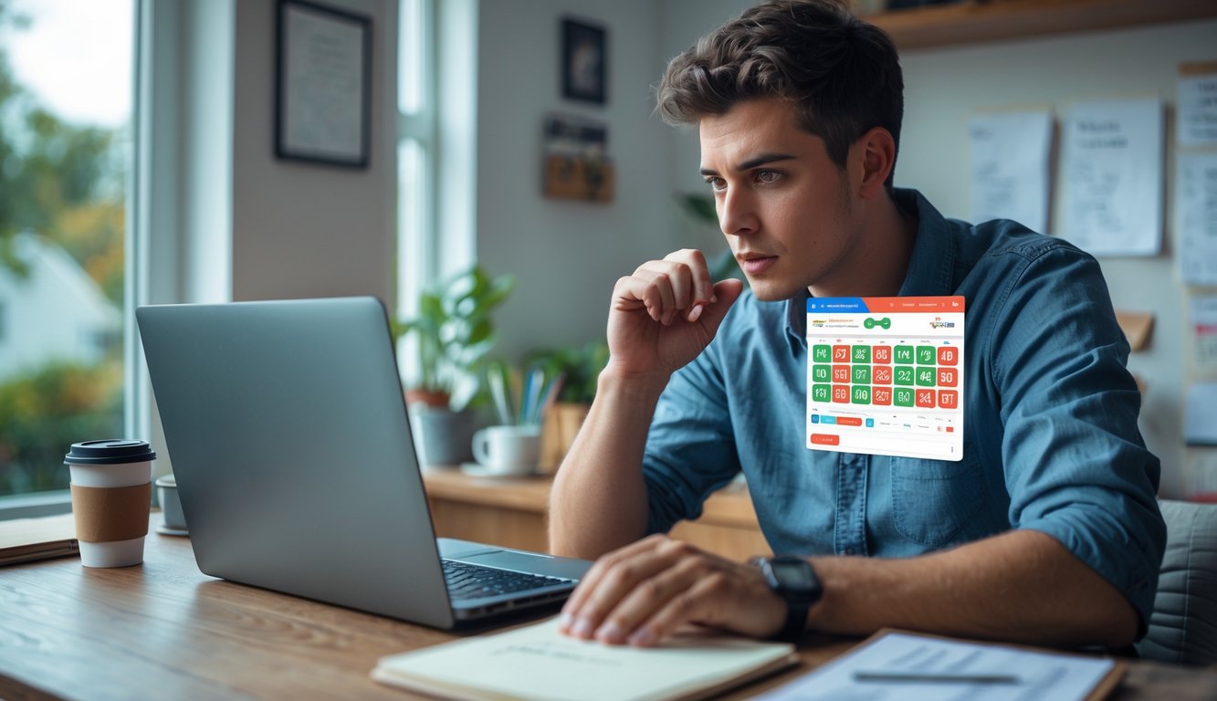 Seseorang duduk di meja kerja dengan laptop, fokus melihat layar yang menampilkan antarmuka lotere digital, di sekitar meja terdapat cangkir kopi, ponsel, dan buku catatan.