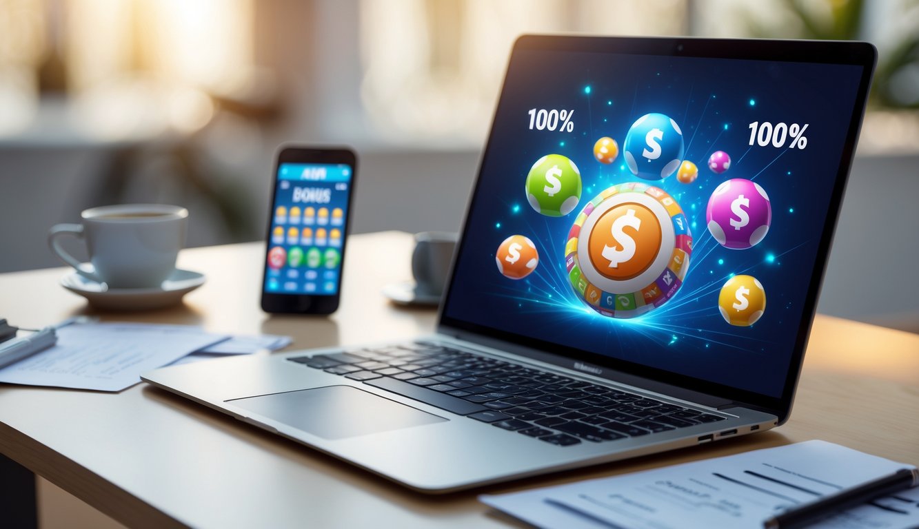 Seorang laptop di atas meja dengan tampilan bola lotere berwarna-warni dan grafik digital yang menggambarkan bonus dan hadiah, dengan latar belakang kantor yang rapi.