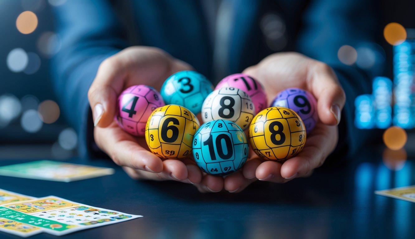 Tangan memegang bola lotere berwarna-warni dengan latar belakang buram yang menunjukkan suasana permainan lotere.