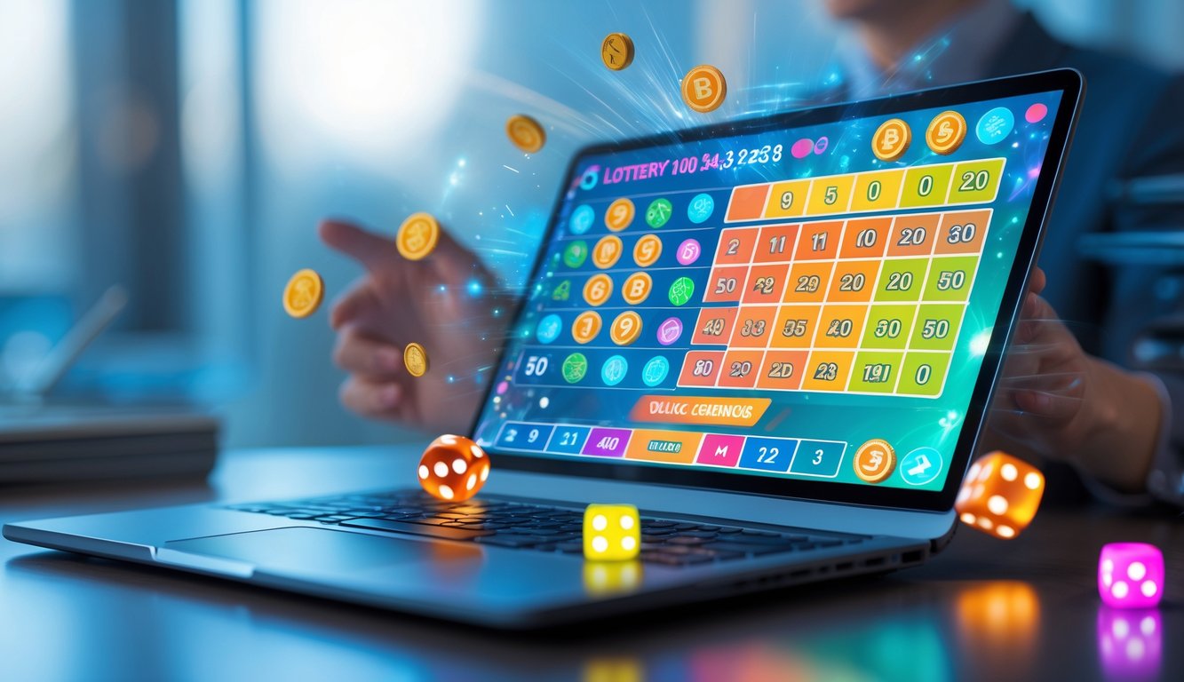 Seseorang menggunakan perangkat digital dengan antarmuka lotere online yang berwarna-warni dan elemen angka serta simbol perjudian.