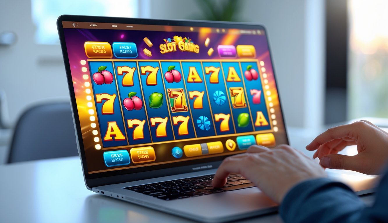 Seseorang menggunakan komputer dengan permainan mesin slot online yang berwarna-warni di layar.