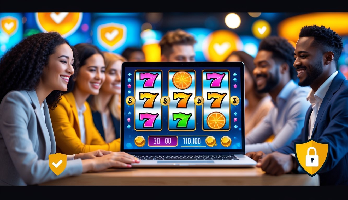 Orang-orang menikmati permainan slot online di depan komputer dengan simbol slot berwarna-warni dan elemen keamanan di sekitarnya.