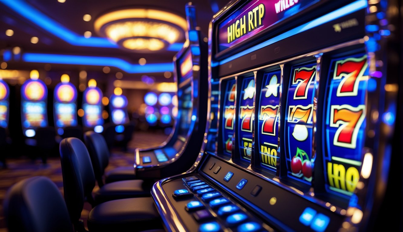 Mesin slot modern berwarna-warni di dalam kasino dengan latar belakang lantai kasino yang samar dan pencahayaan hangat.
