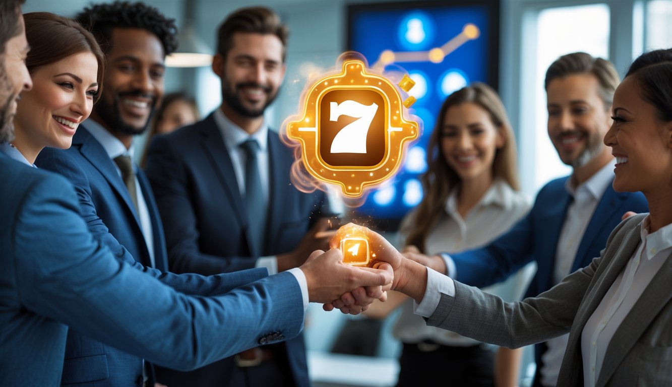 Sekelompok orang tersenyum dan berjabat tangan di kantor modern dengan hologram ikon mesin slot di tangan seorang wanita.