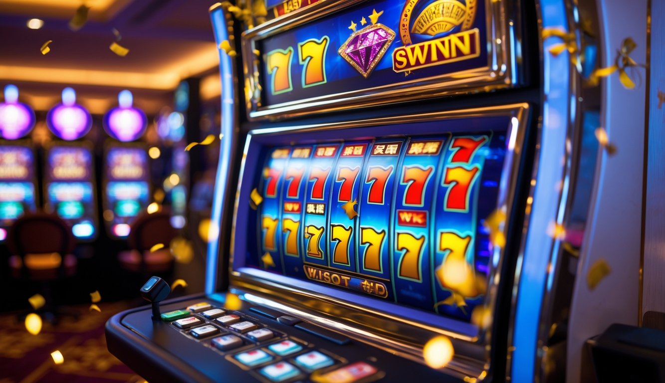 Mesin slot di kasino menunjukkan kemenangan jackpot besar dengan lampu berkedip dan konfeti jatuh di sekitarnya.