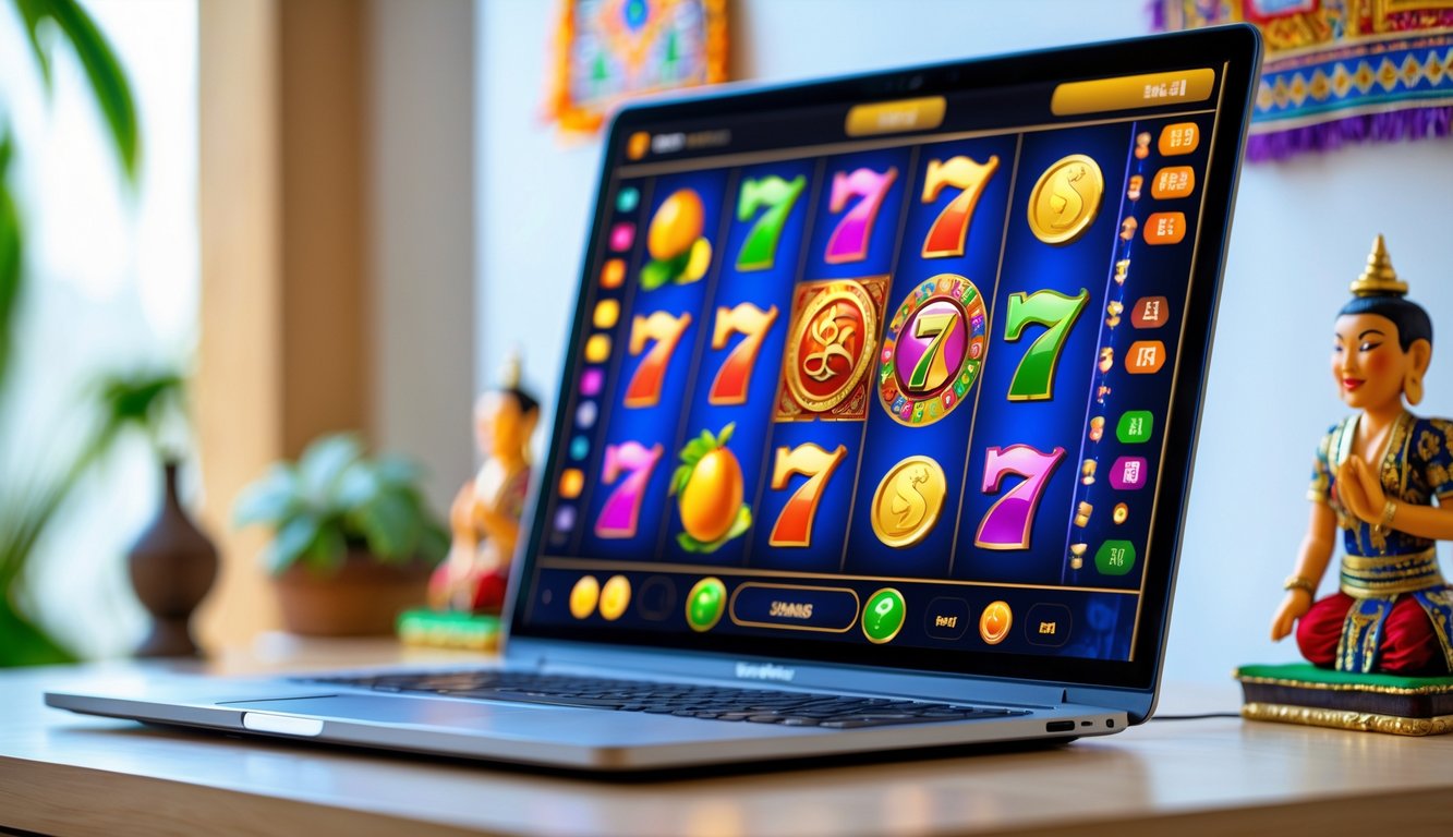 Seorang pengguna bermain permainan slot online di komputer dengan latar dekorasi tradisional Indonesia.