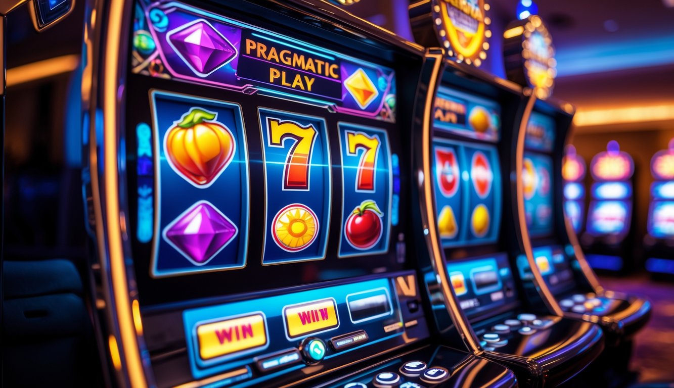 Mesin slot modern dengan gulungan berwarna-warni di dalam suasana kasino yang hangat dan terang.