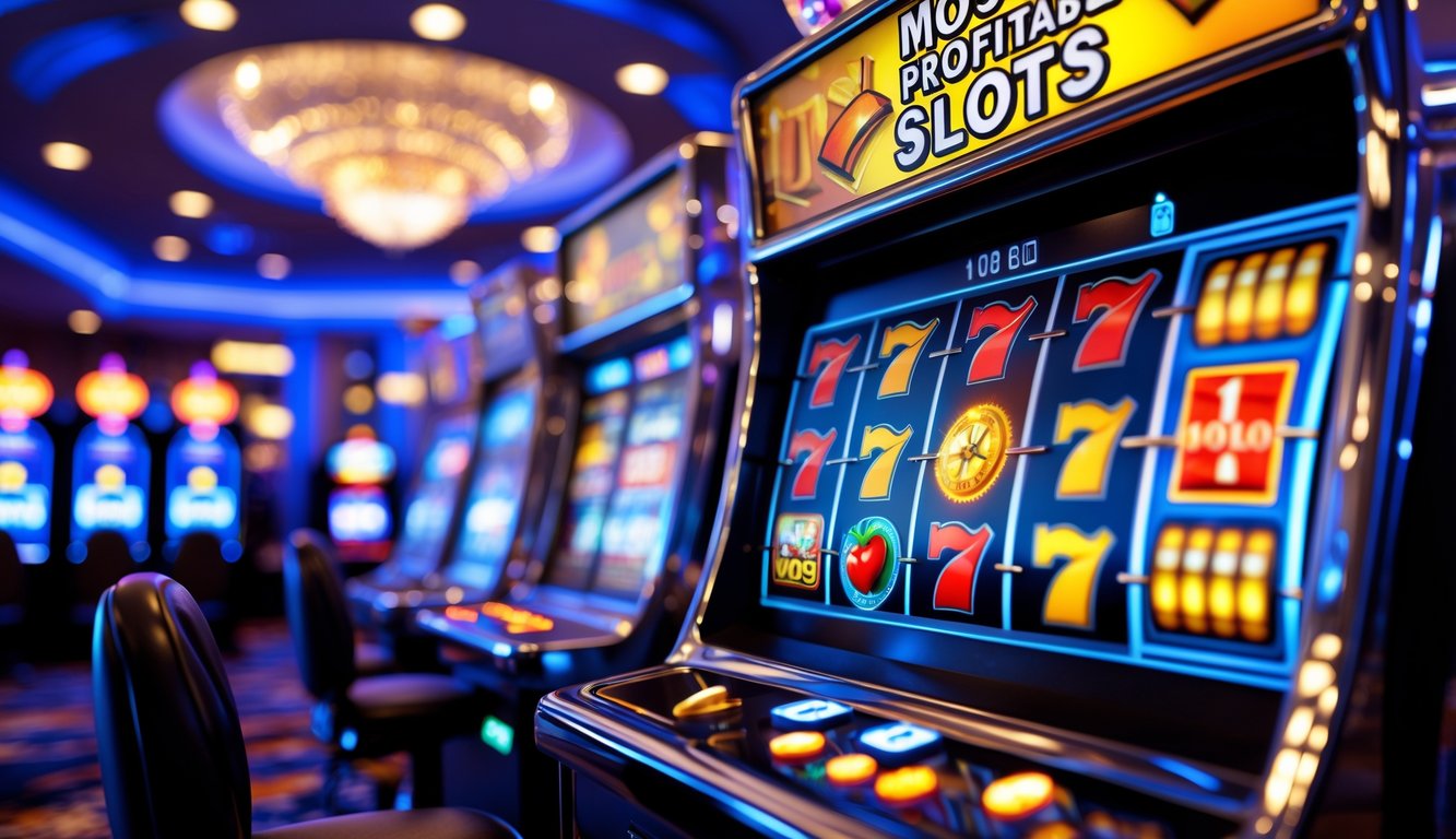 Mesin slot modern dengan gulungan berwarna-warni menampilkan simbol kemenangan di dalam kasino yang terang dan ramai.