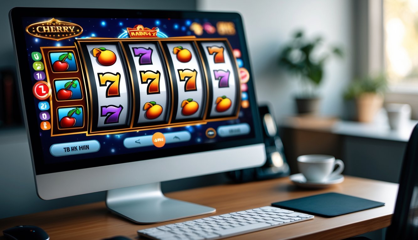 Layar komputer menampilkan permainan mesin slot online dengan simbol warna-warni di sebuah ruang kerja modern.