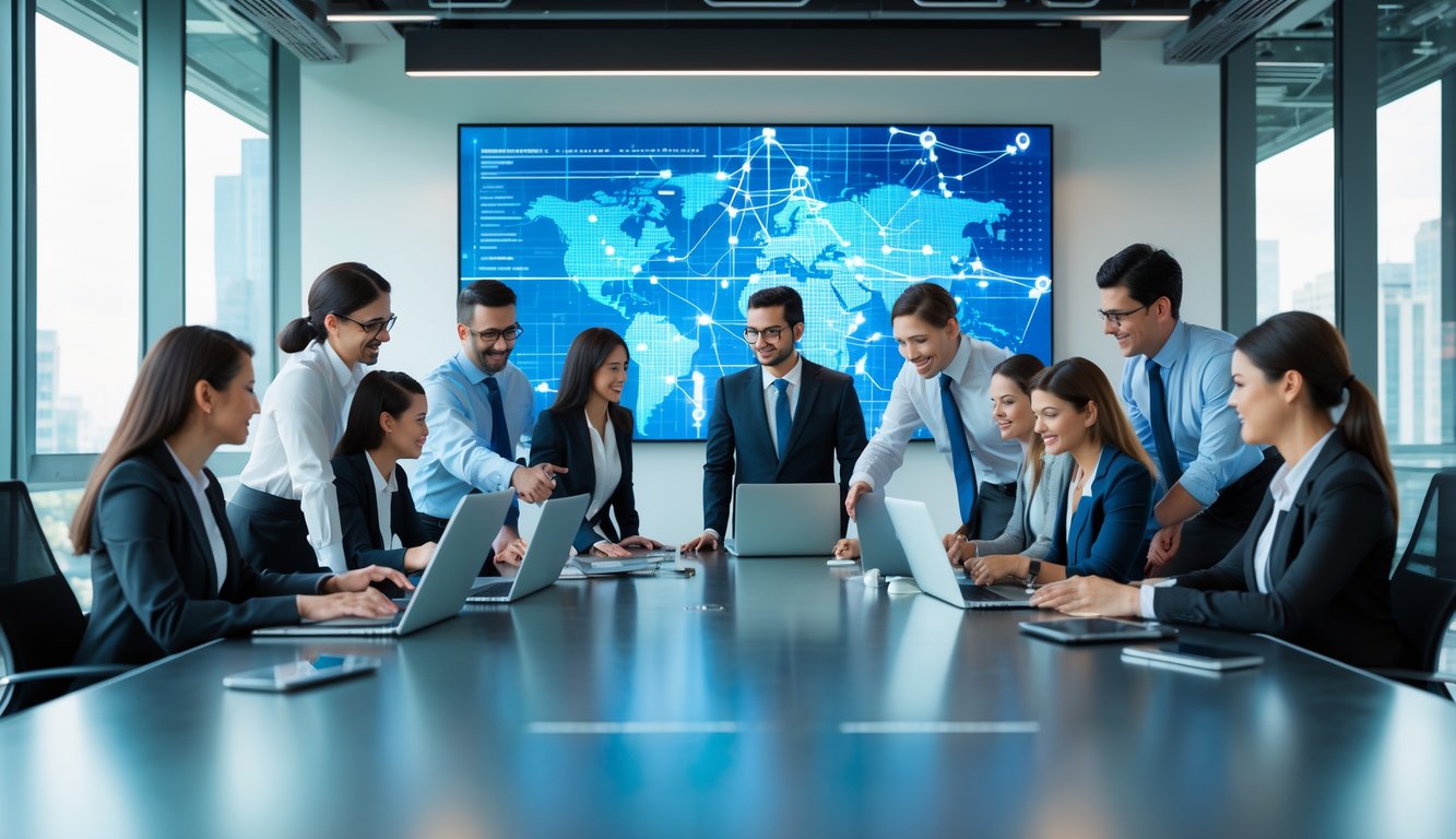 Sekelompok profesional bekerja bersama di ruang kantor modern dengan perangkat teknologi dan layar digital yang menampilkan grafik data.