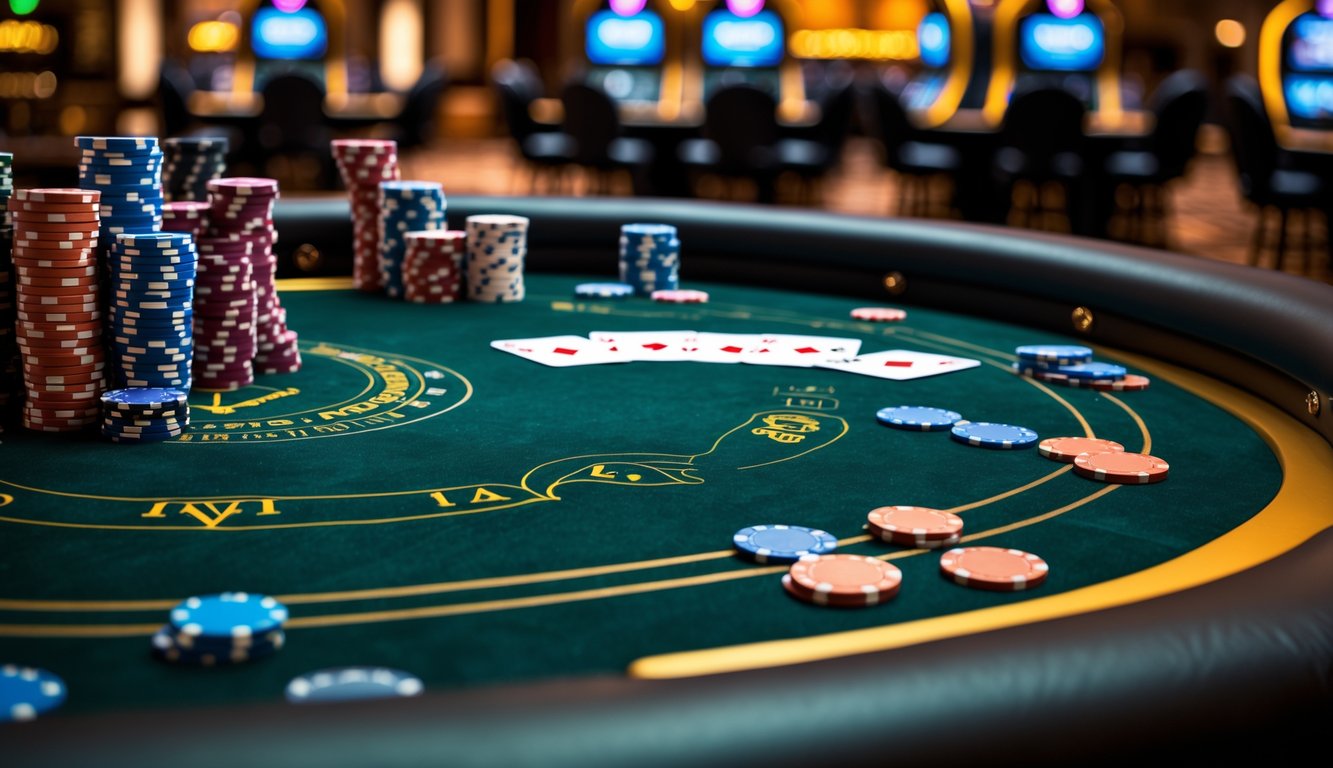 Meja poker dengan kartu dan tumpukan chip di dalam kasino yang mewah dan terang.