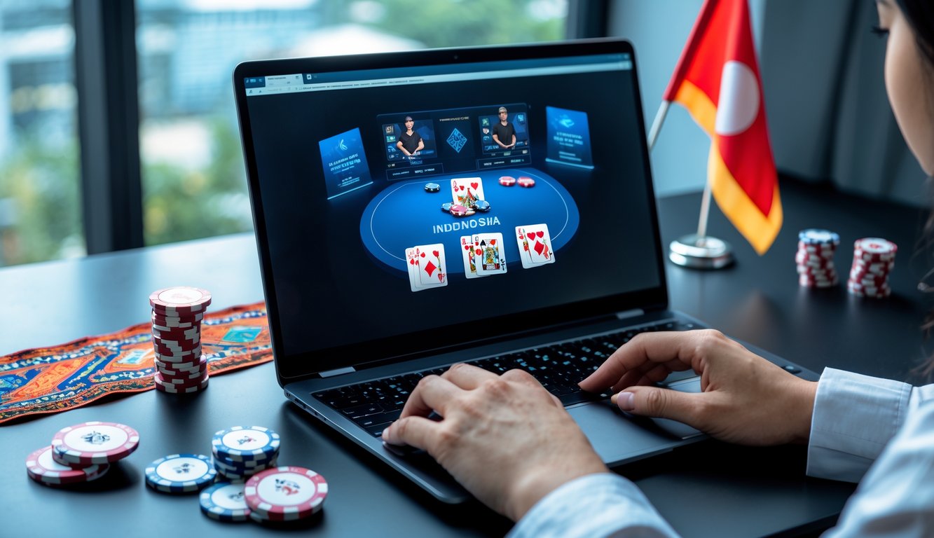 Seorang pemain menggunakan laptop untuk bermain poker online dengan dekorasi kecil yang menunjukkan budaya Indonesia di meja.