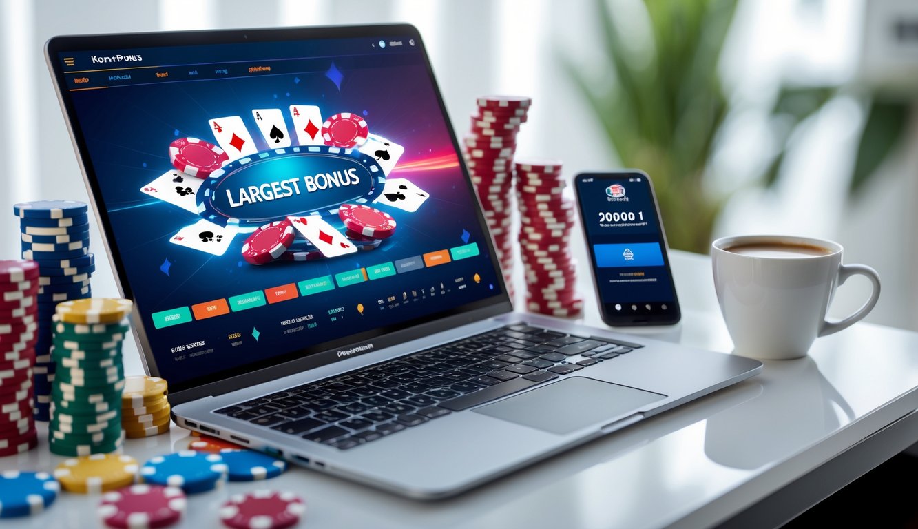 Seorang pemain poker online menggunakan laptop dengan tumpukan chip poker dan ponsel di meja kerja.